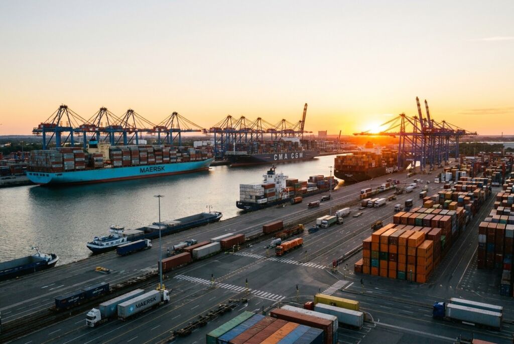 Container ship and cargo operations at an international port