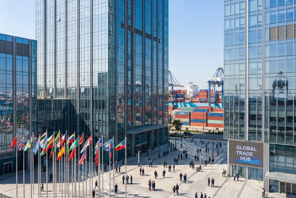 Modern business district representing International Trading Company growth